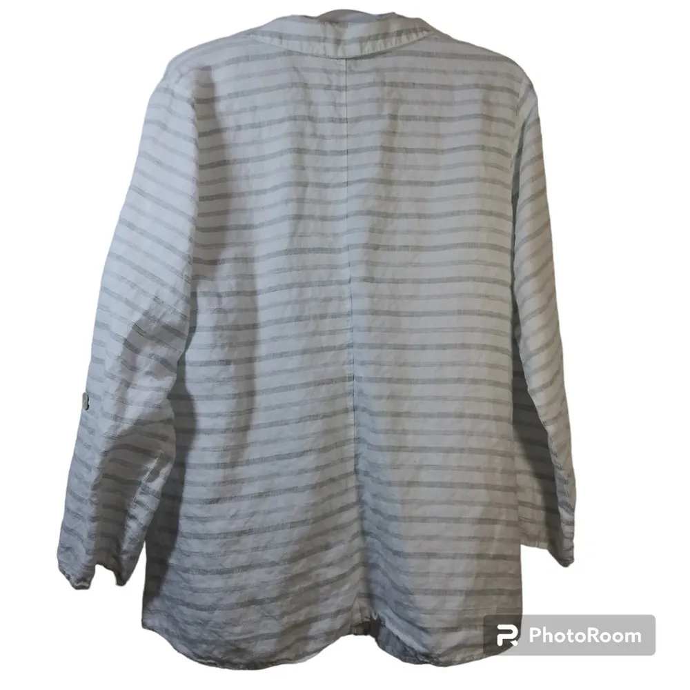 Habitat Womens 100% Linen Button Up Top Long Sleeve V Neck White Striped Size L - Image 2