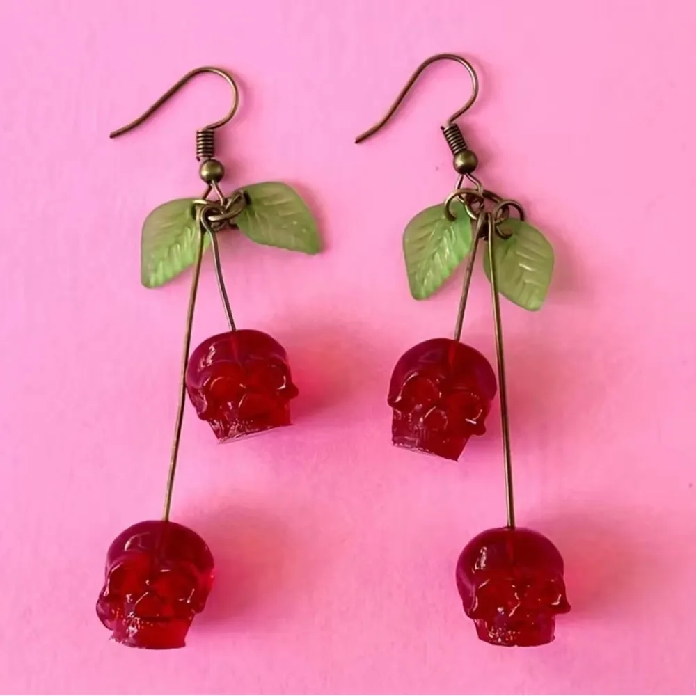 Gothic Red Trending Cherry Skull Shaped Earrings &‎ Leafs Faux Fashion Jewelry - Image 3