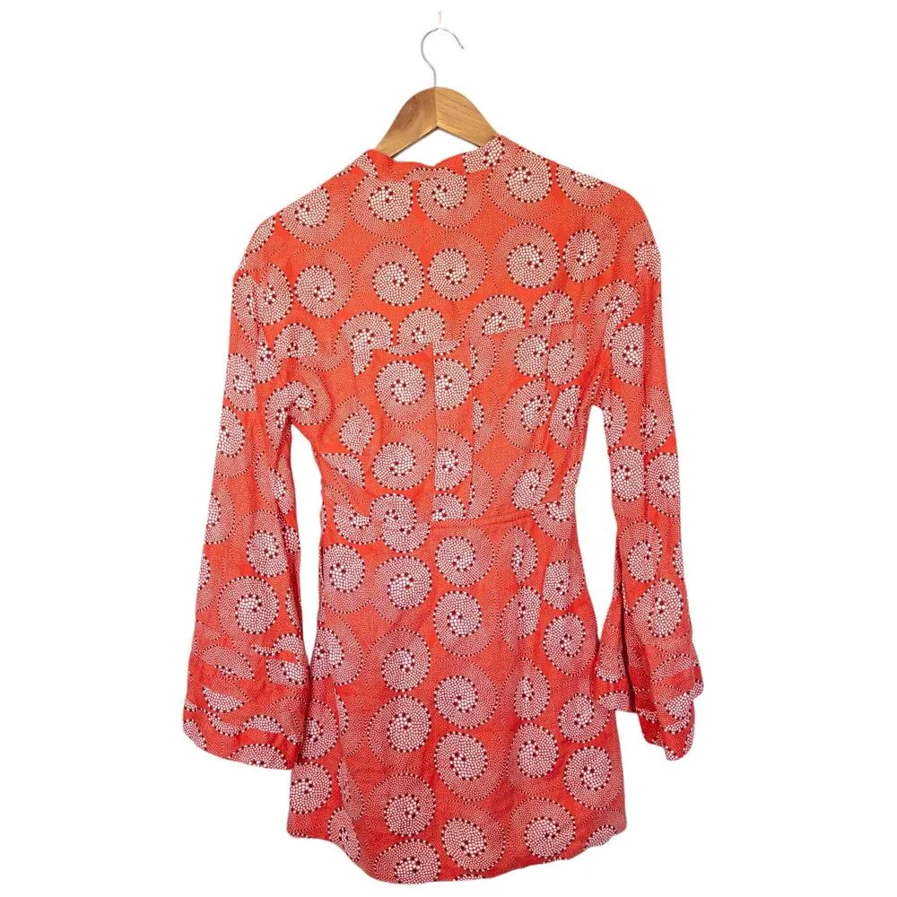Staud Karlee Linen Long Sleeve Printed Bell Sleeve Mini Dress Coral Orange XS - Image 3