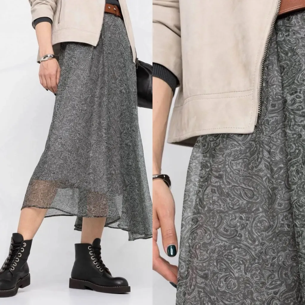 Brunello Cucinelli Paisley Print Silk Midi Skirt Grey Asymmetrical Chiffon - Image 5