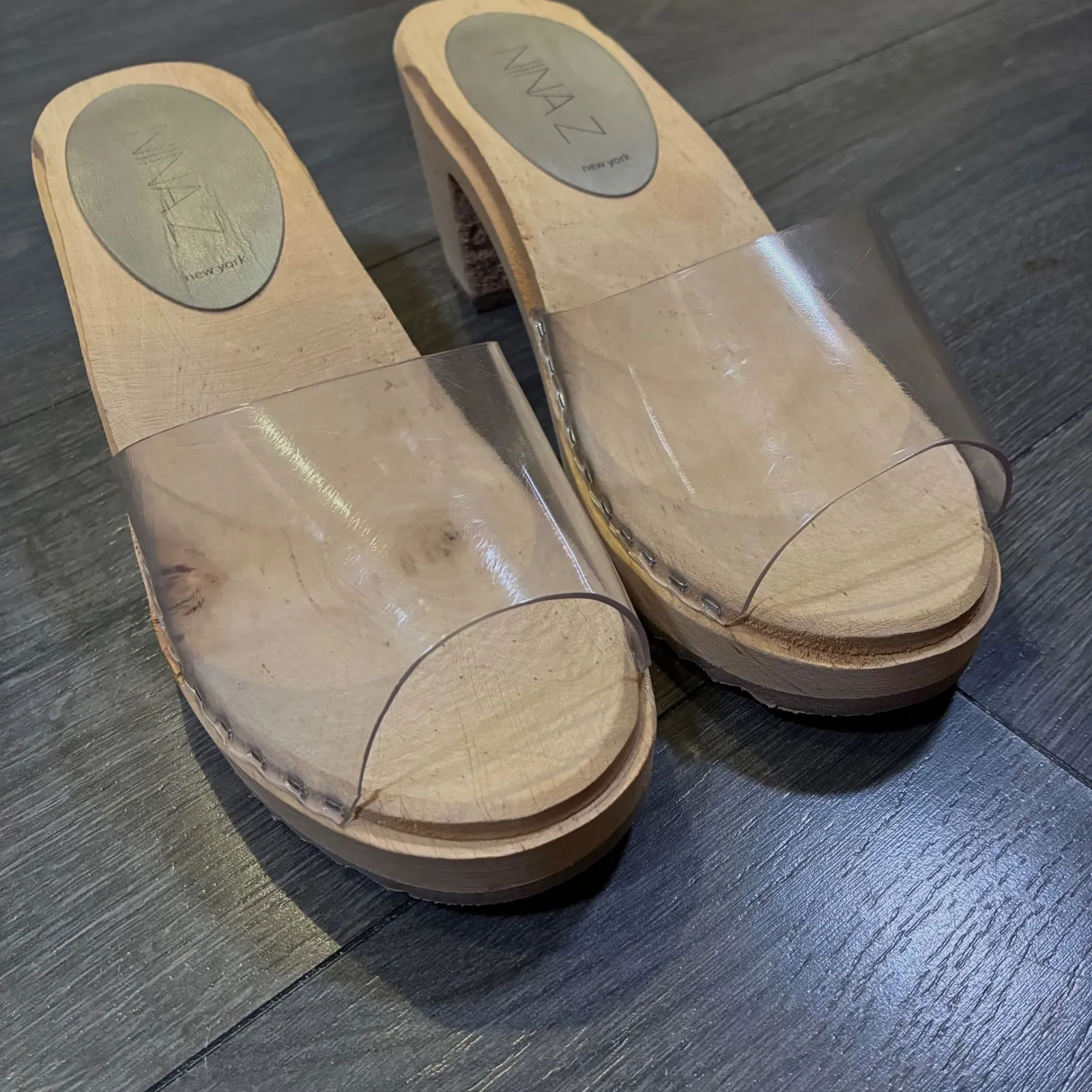 NINA Z New York Clear PVC‎ Wood Heel Clogs Slides Mule Sandals EU 39 (US 9) Tan - Image 2