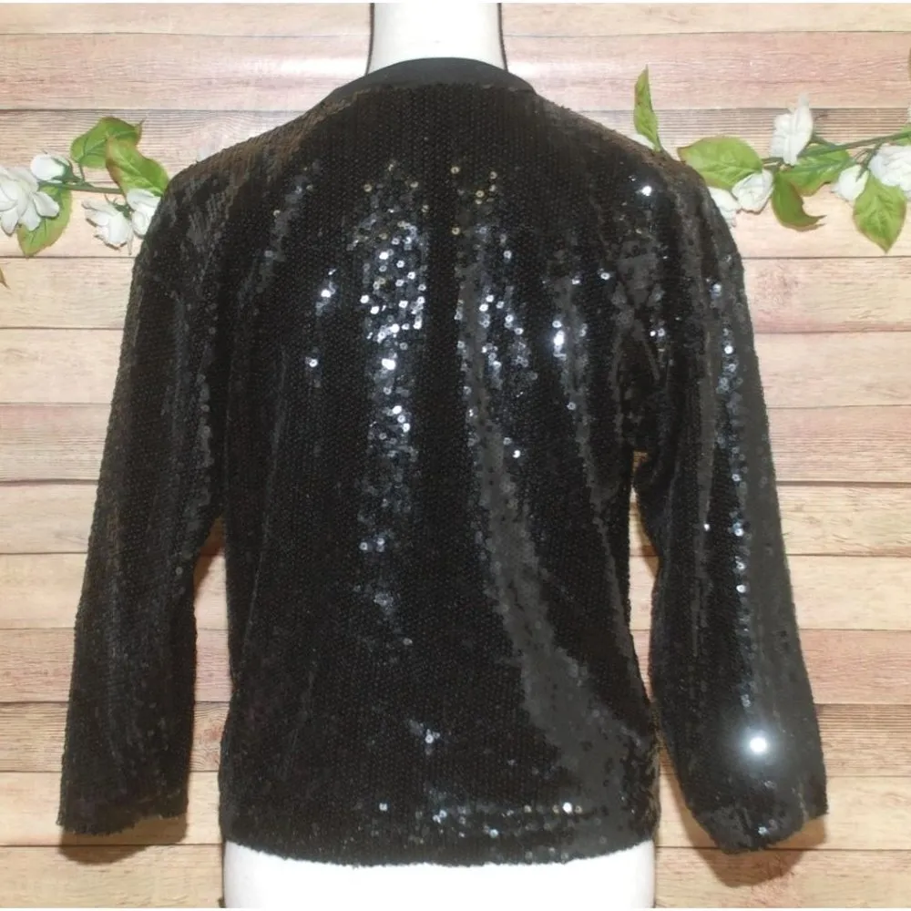 BKE Boutique Black Cropped Jacket Size M Full Zip All Over Sequin 3/4 Sleeve - Image 5