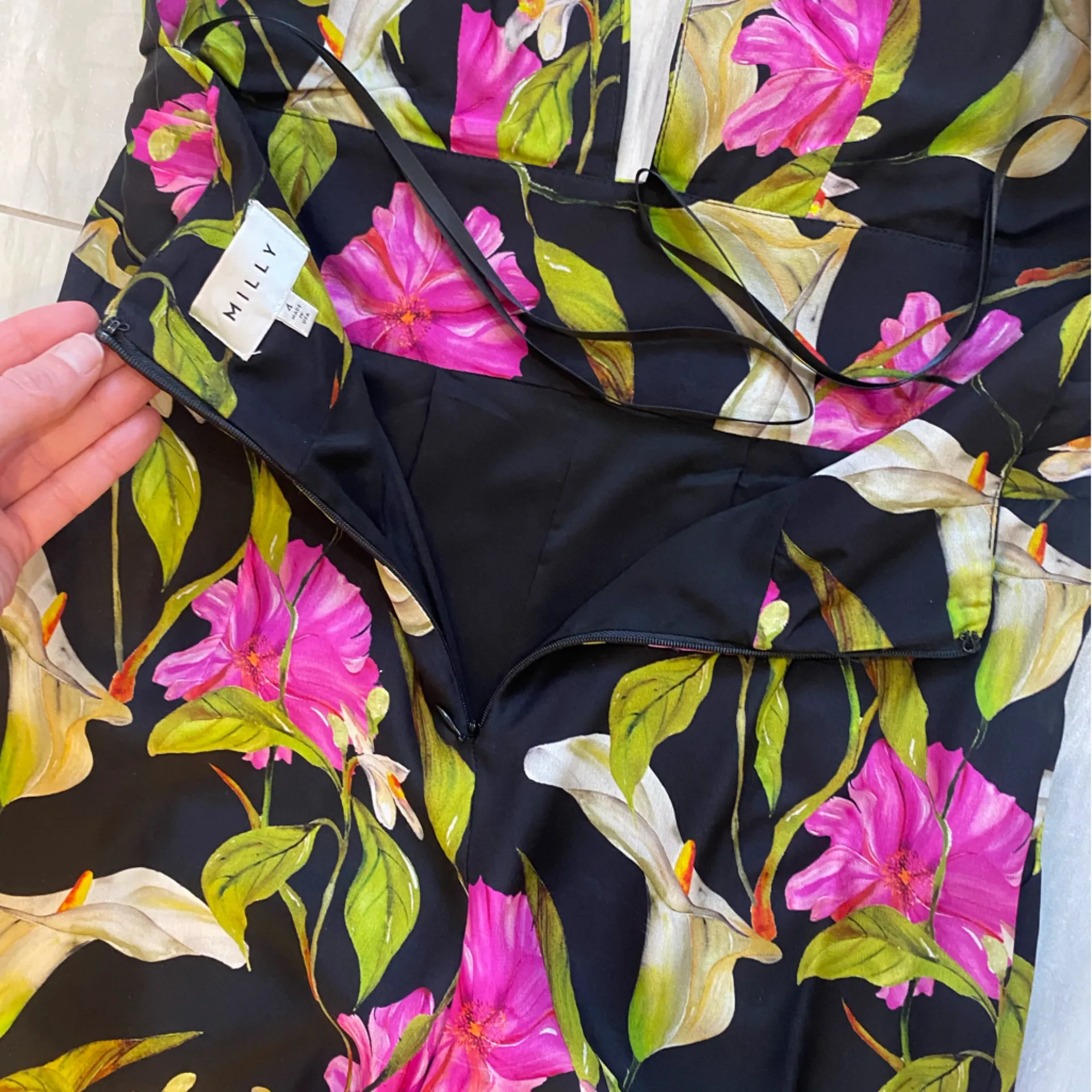 Milly Silk Tropical Floral Print Black Halter Style Pants Jumpsuit, women’s 4 - Image 14