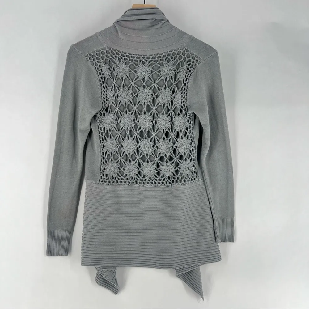Vila Milano Gray Cashmere Angora Crochet Lace Back Draped Open‎ Front Cardigan - Image 9