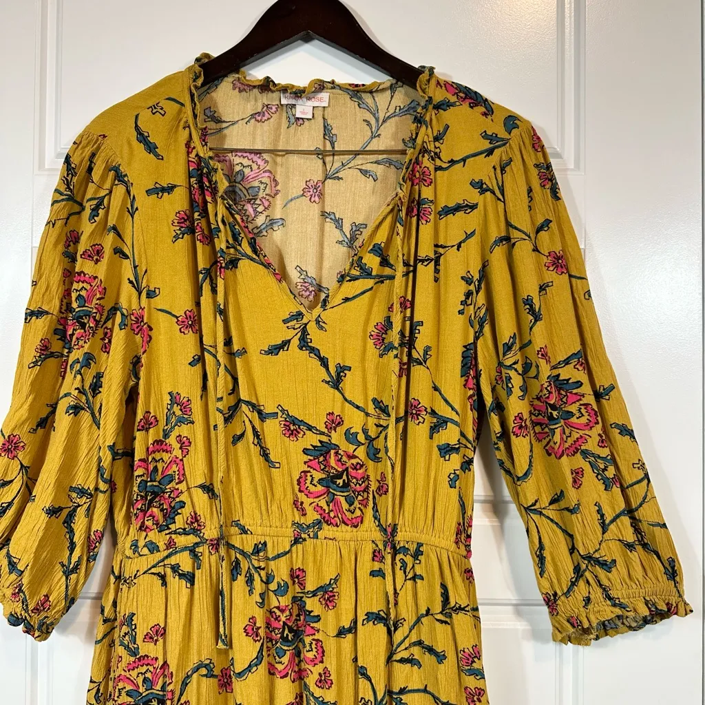 Knox Rose Women’s Classic Yellow Floral Printed Smocked Dress Pockets Size Large - Image 3