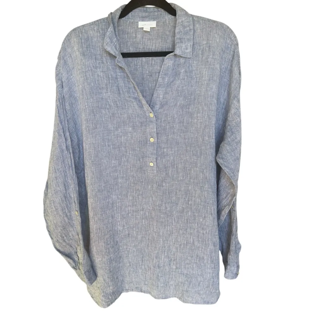 J. Jill Blue Chambray Linen Long Sleeve Button Front‎ Tunic Top Size L Tall Size L - Image 2
