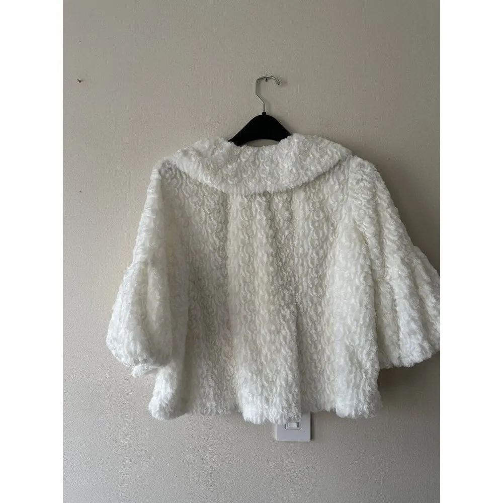 The Pyramid Faux Fur Crop Vintage Jacket 3/4 Sleeve Oversized Peter Pan Collar S White - Image 3