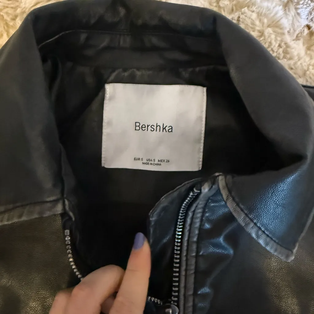 Bershka Black Leather Jacket with White Stitching - Image 3