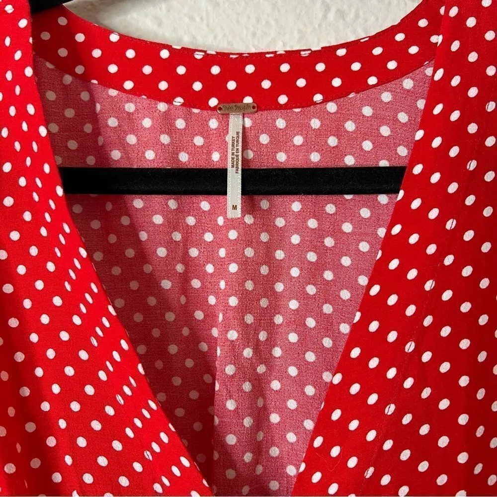 Free People Love Street Red White Polka Dot Long Sleeves Chic Stylish Blouse M - Image 9