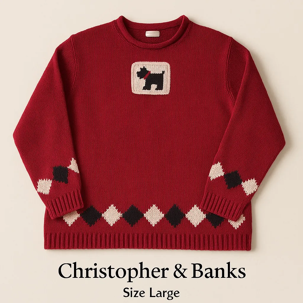 Christopher & Banks Scottie Dog Sweater Vintage Red Argyle Knit Preppy - Large - Image 5