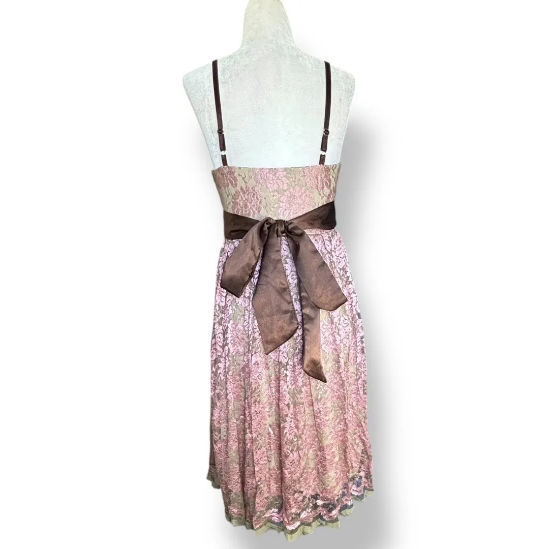 Vintage Y2K Necessary Objects Pink Floral Lace Slip Dress Brown Satin Bow Small - Image 6
