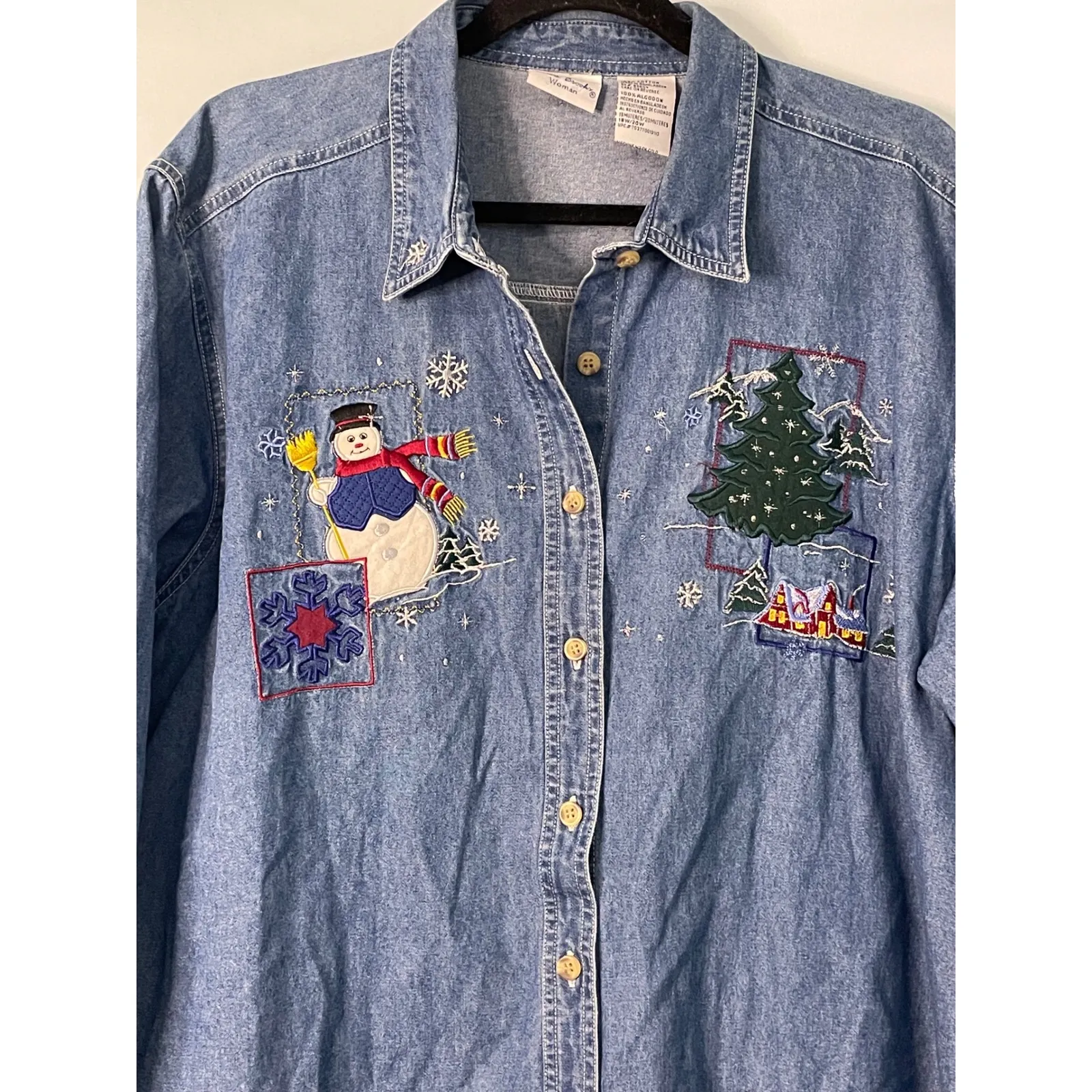 Bobbie Brooks Denim Shirt Snowman Christmas Tree Embroidery Long Sleeve 18W 20W Blue - Image 2