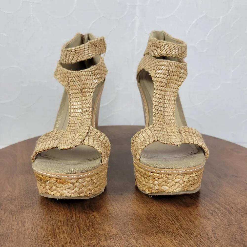Kenneth Cole Reaction Womens Live It Up Sandals 6.5 Cream Woven Straw Wedge Heel Tan - Image 12