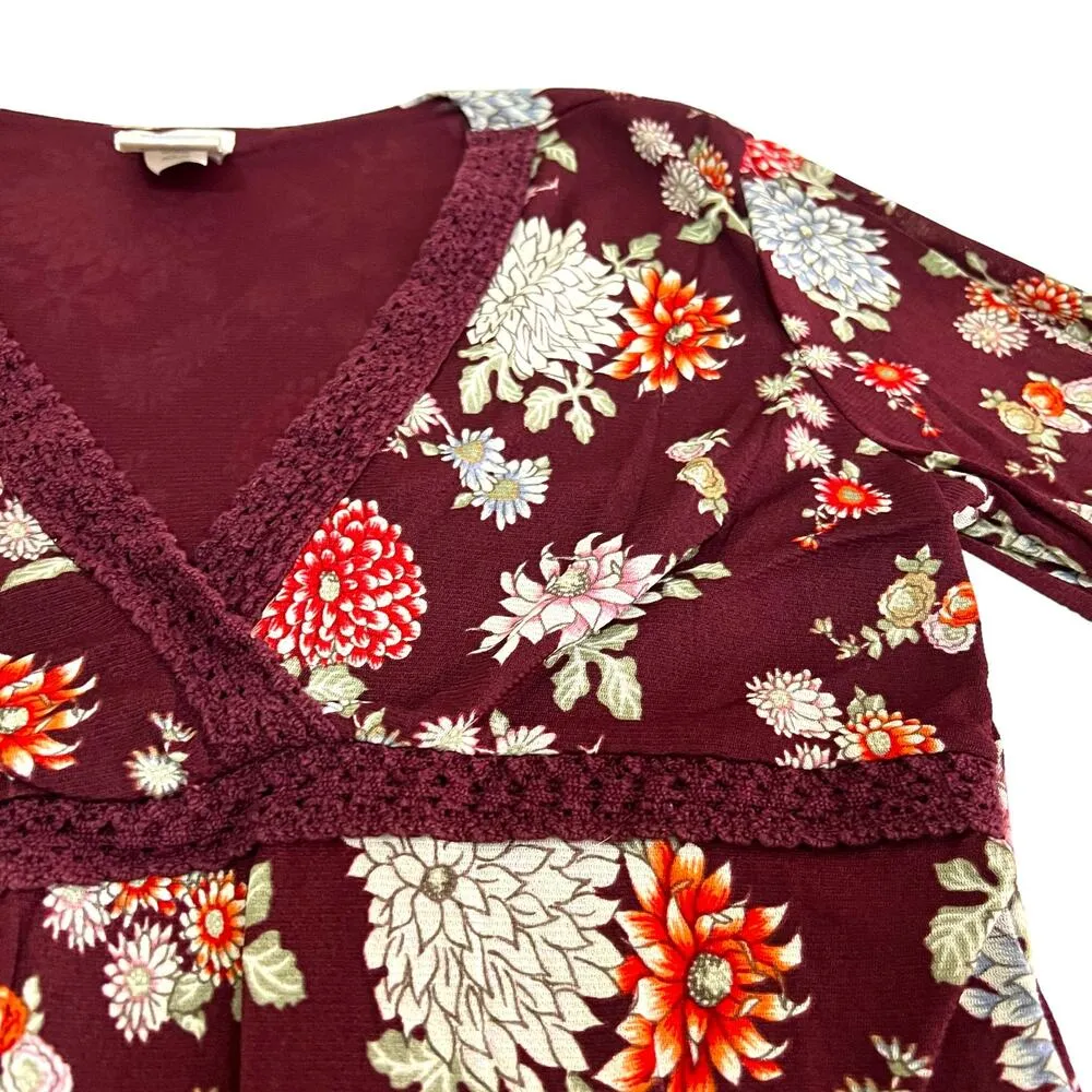 Old Navy MEDIUM Maroon Floral Empire Waist V-Neck Bust Detail Blouse Top - Image 12