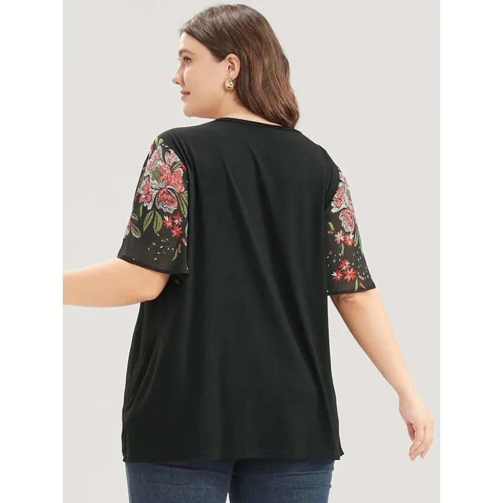 Bloomchic Floral Mesh Patchwork Ruffle Sleeve Round Neck T-Shirt Black 12 - Image 2