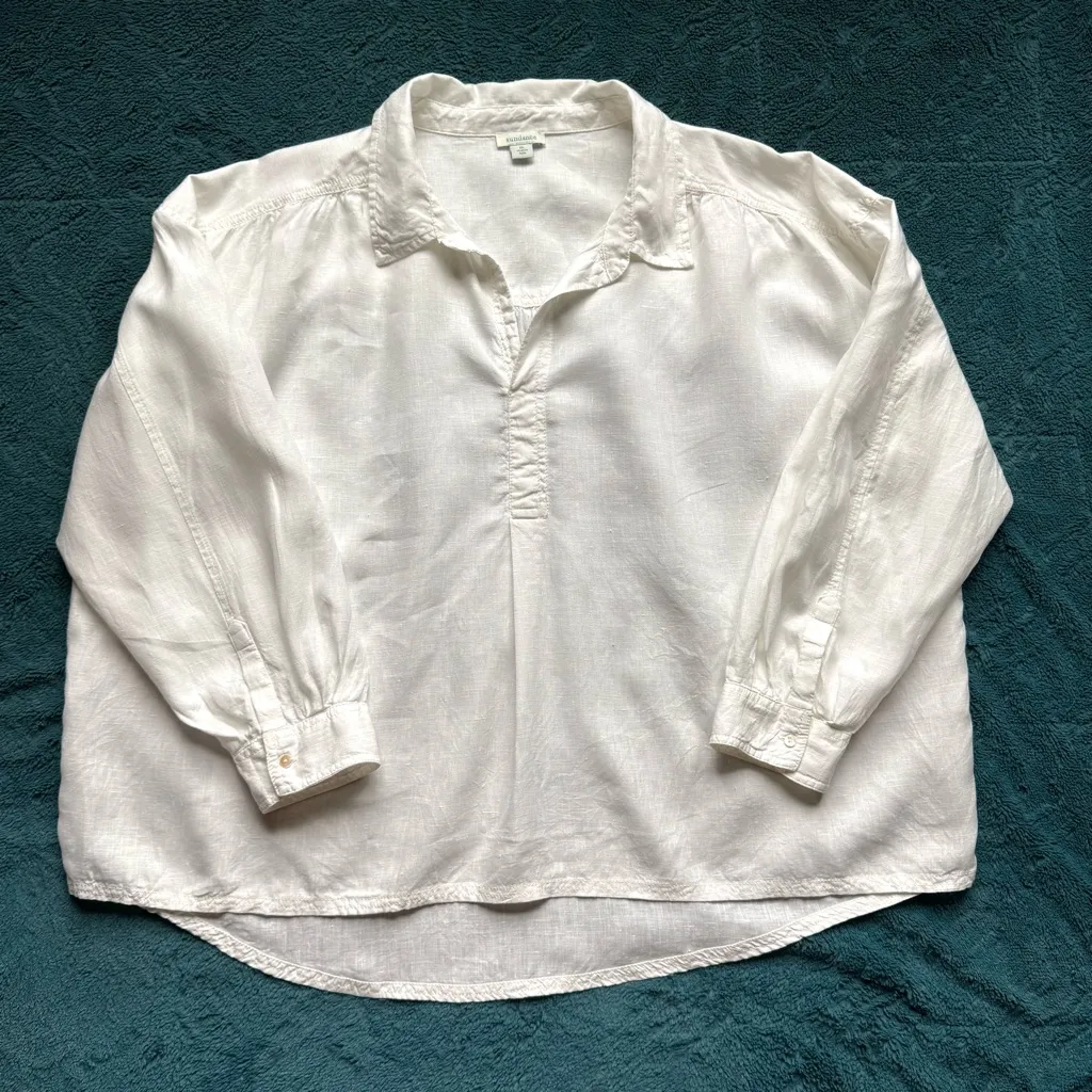 Sundance Collared Long Sleeve Linen Top XL Lagenlook Coastal Boho Relaxed White - Image 2