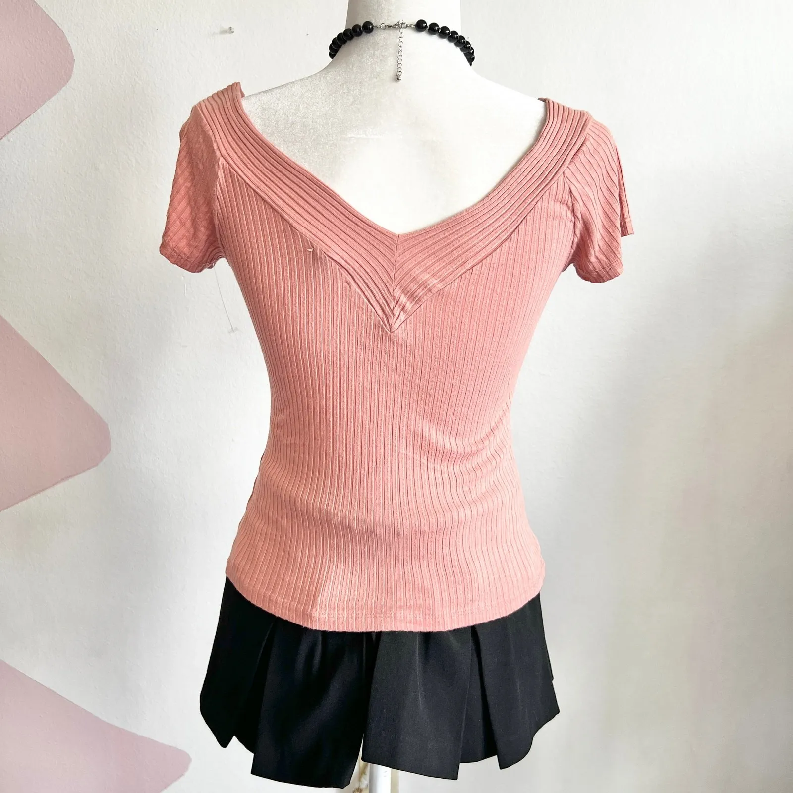 Pink Ribbed V-Neck Top, Coquette, Y2K, Soft Girl, Balletcore, Small, Clean Girl - Image 3