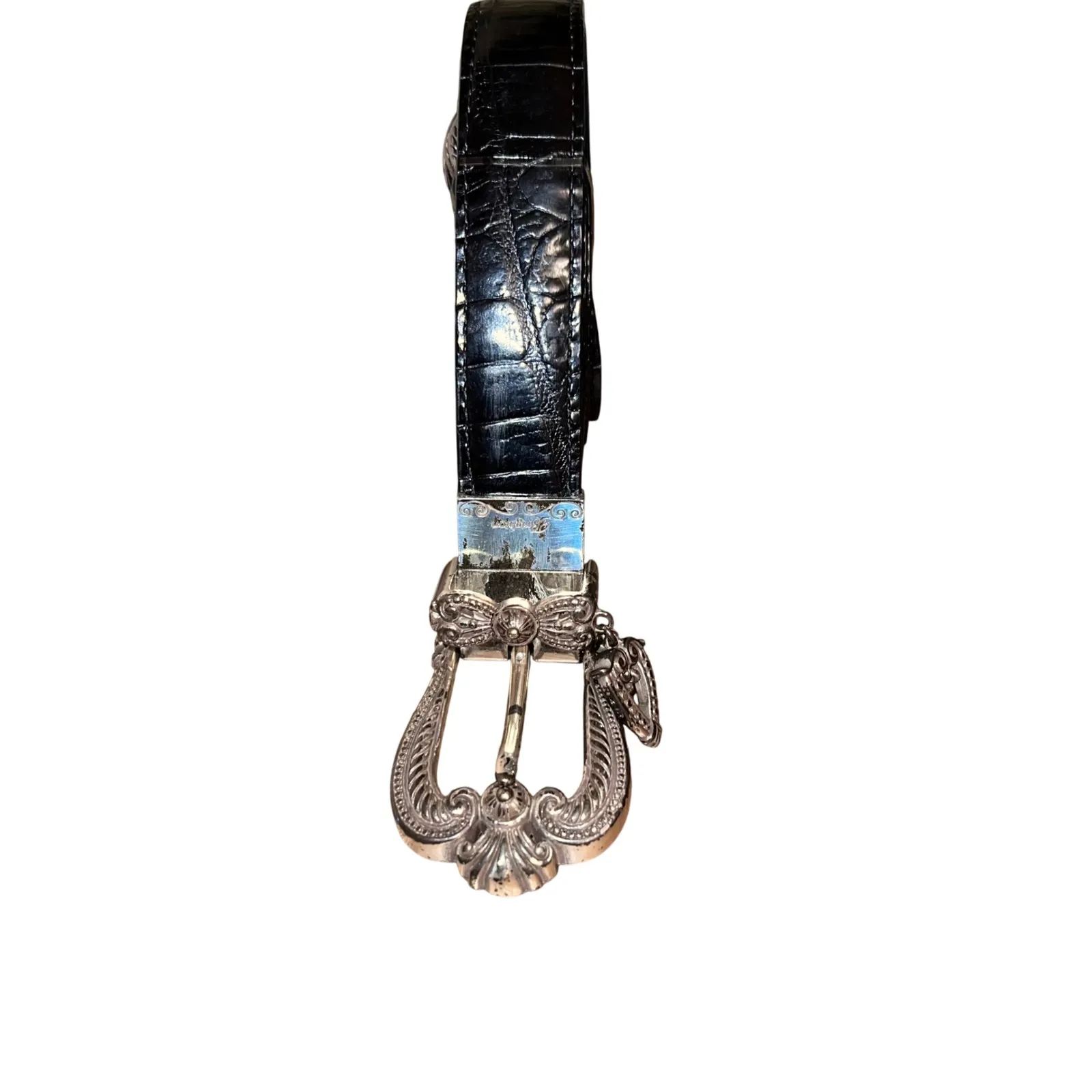 Brighton Womens M/L Black/Brown Embossed Alligator Skin Belt Silver Buckle Charm - Image 3