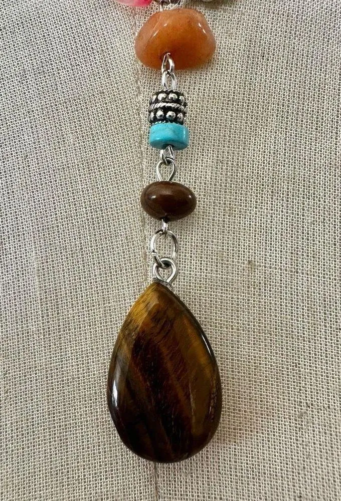 Silver tone colorful tigers eye teardrop pendant necklace - Image 2
