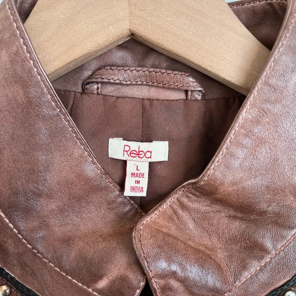 Reba Sierra Sunrise Sheep Leather Studded Zip Up Leather Distressed Jacket Large - Image 7