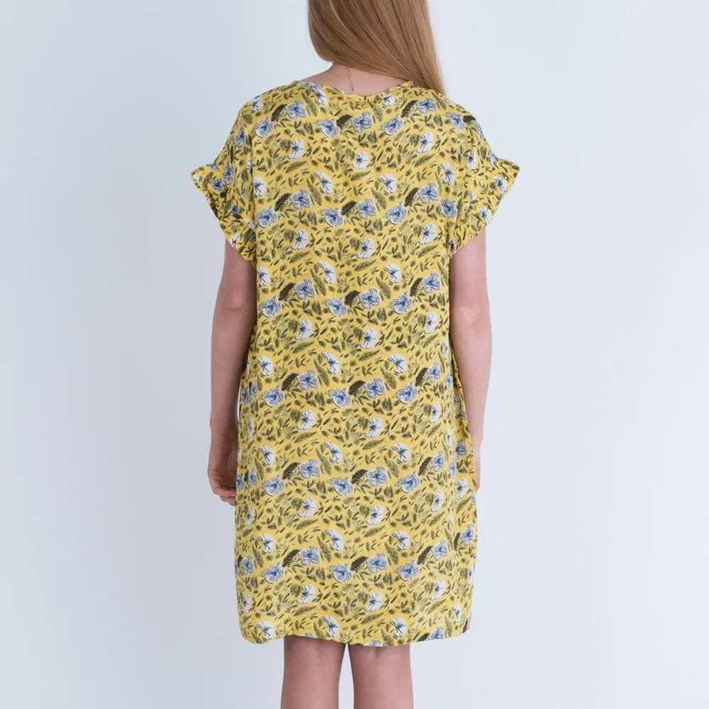 MASAI Dress Small Nara Shift Yellow Floral Ruffle Sleeve Wearable Art Lagenlook - Image 2