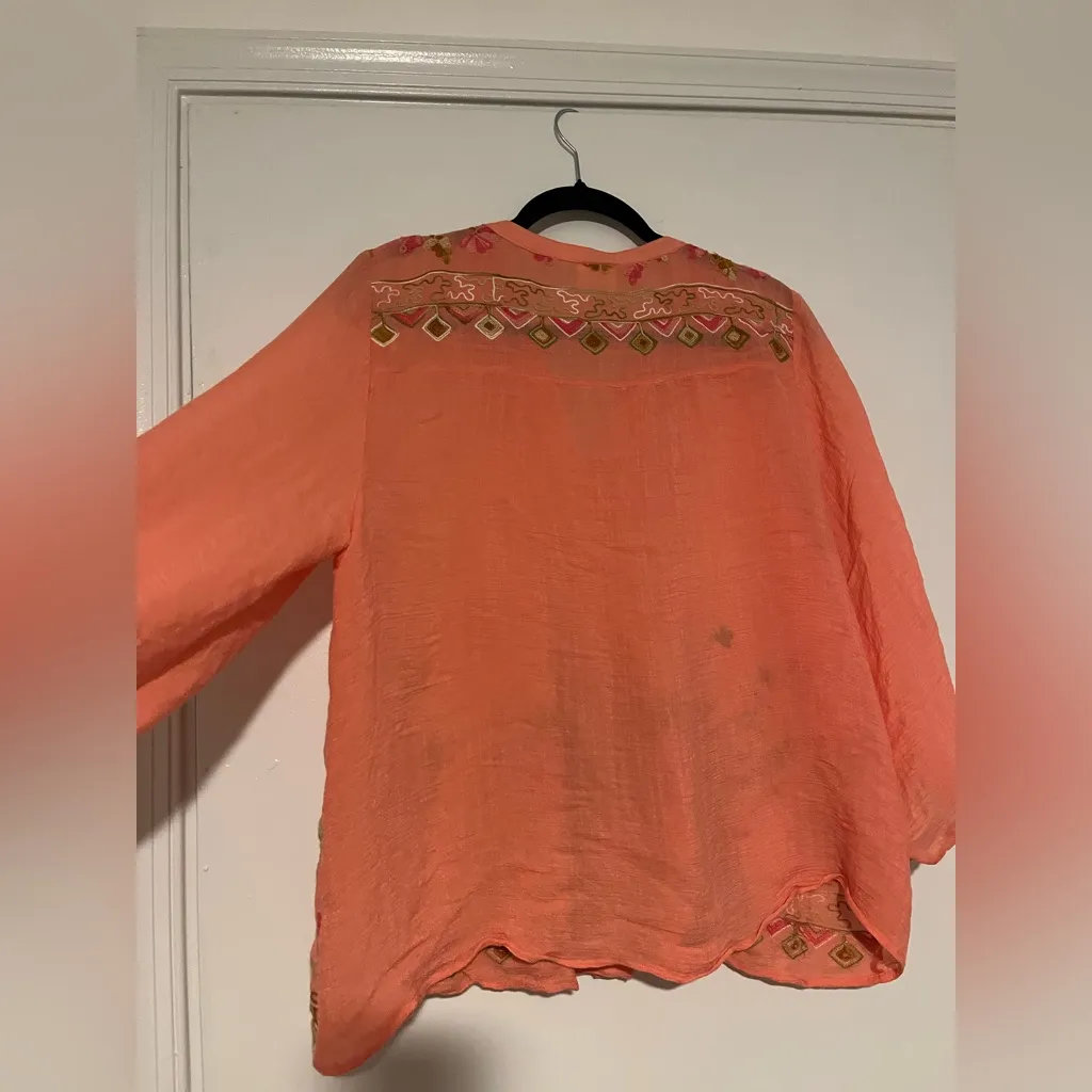 Anthropologie Fig & Flower Orange Embroidered Floral pleated Blouse -‎ L - Image 6