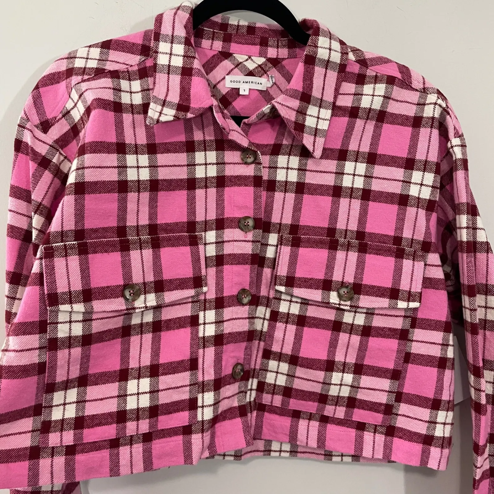 NWT Good American Pink Plaid Cropped Shacket Size 1 Small Button Front Flannel - Image 8