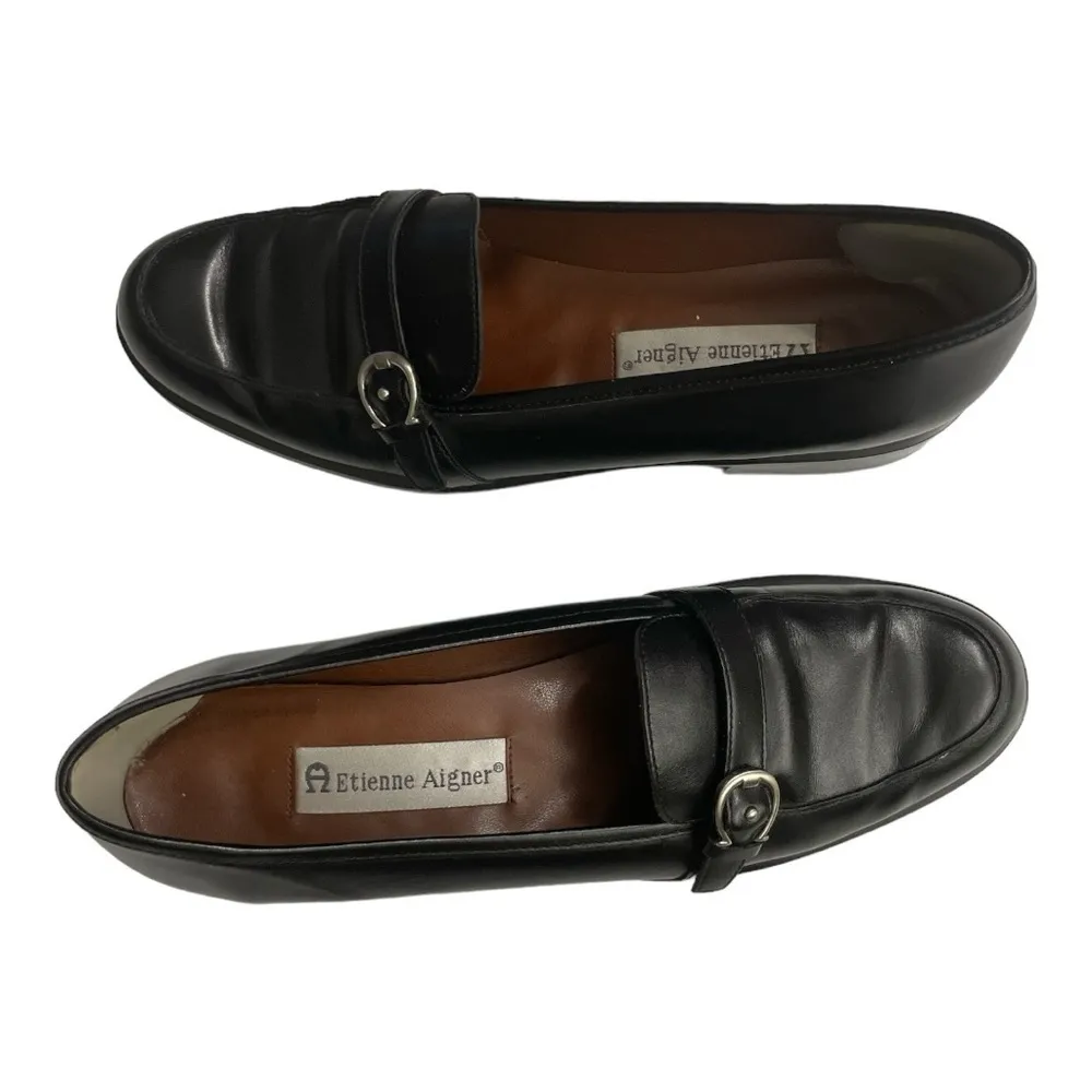 Etienne Aigner Black Leather Loafers with Silver Buckle Detail Women’s Size 8N - Image 7