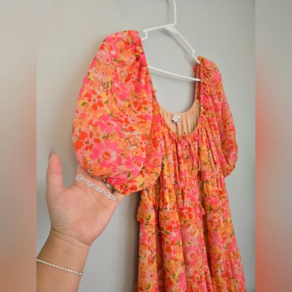 NSR Paloma Floral Print Tiered Midi Dress Orange Size XL - Image 4