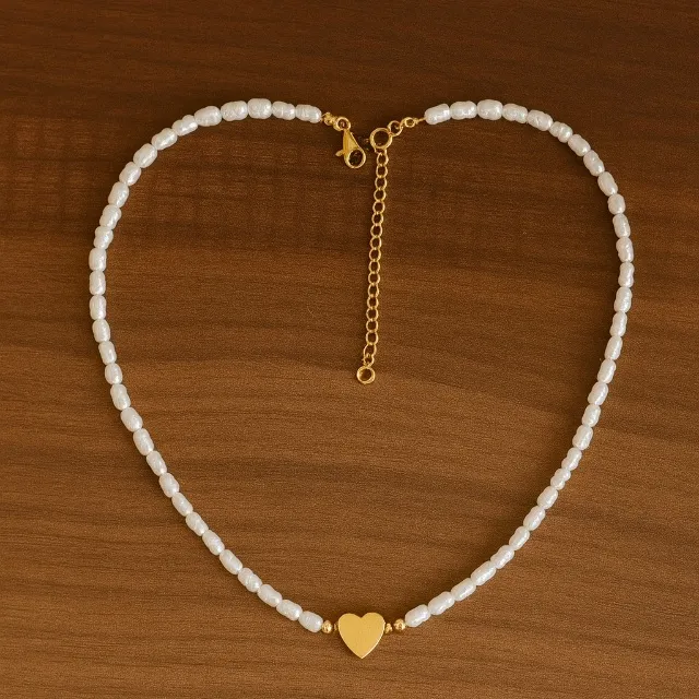 Antian Accessories™ Pearl Heart Necklace & Bracelet Set White - Image 2