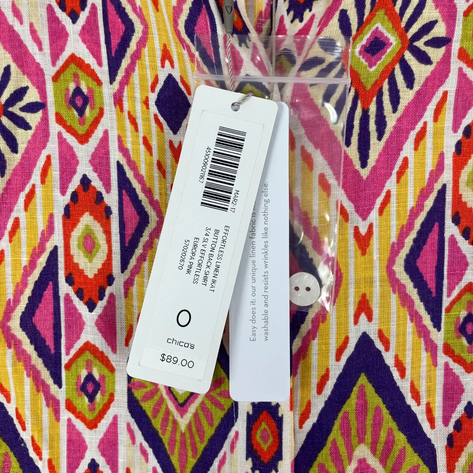 NWT Chico's No Iron Linen Shirt Size 0/ S Colorful‎ Diamond Print 3/4 Sleeve Top - Image 5