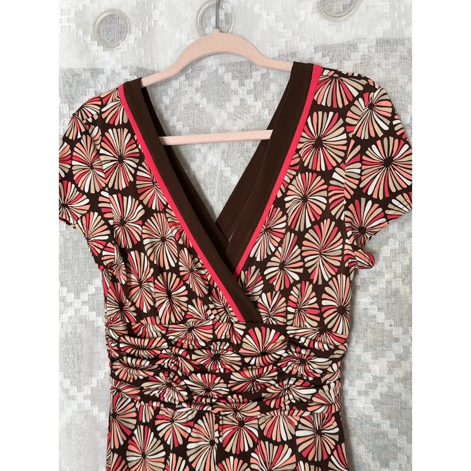 Studio 1 Midi Dress Womens 12 Pink Brown Y2K 90s V Neck Ruched Bodycon - Image 4