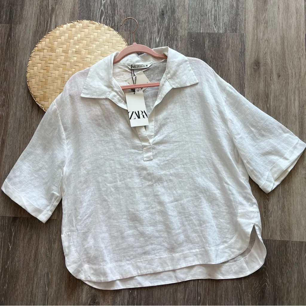 NWT zara white 100% linen‎ polo oversized shirt - Image 2