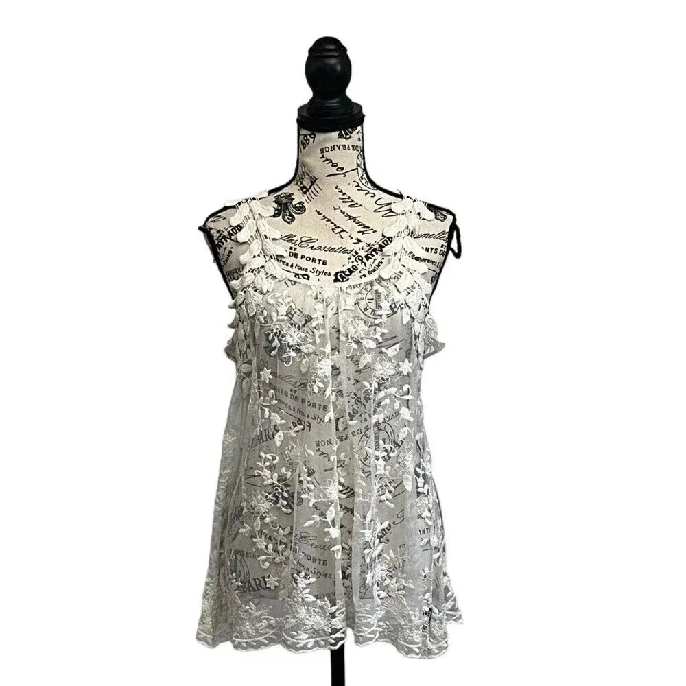 G Collection Womens Beige Lace Crochet Tunic Coverup Boho Sheer Y2k Blouse L White Size L - Image 2