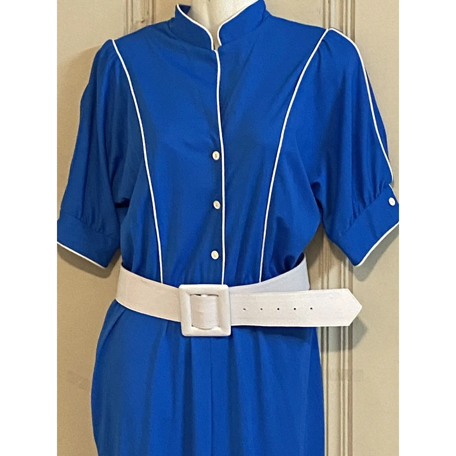 Vintage 60s /70s JC Penney Blue & White Polyester Stretch Jumpsuit Size 10 - Image 5