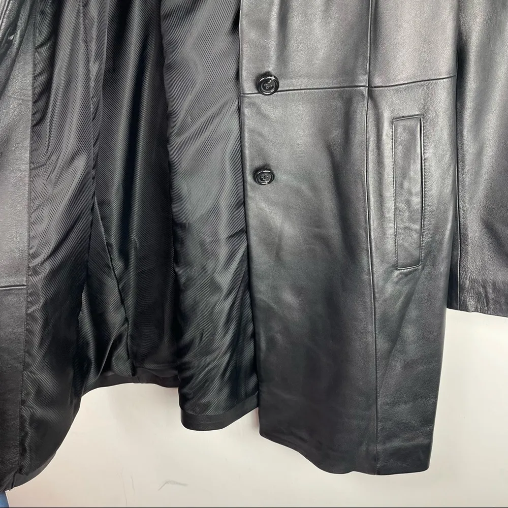 Covington Y2K Long Black Leather Jacket Button Front Trench Sz Medium Faux Fur Collar - Image 3