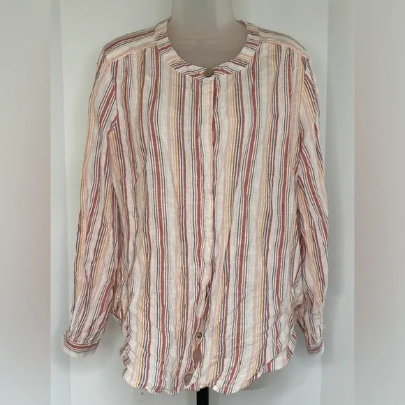 Denim and Co Naturals Button Up Top Sz S‎ Striped Coastal Grandma Beachy Linen White - Image 3
