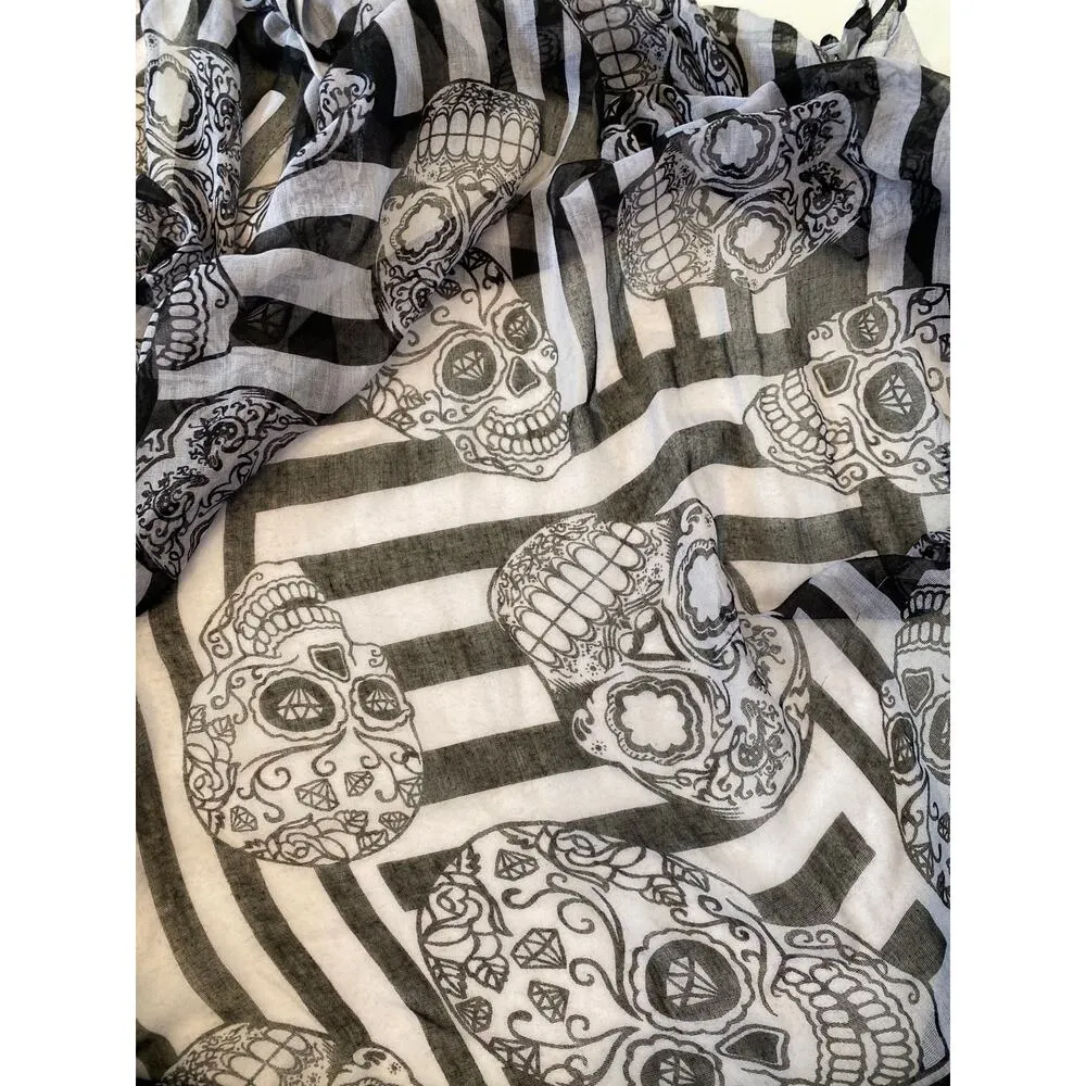 Zara Black/Gray-White Skull & Stripe Day of the Dead Sheer Scarf OS Polyester - Image 3