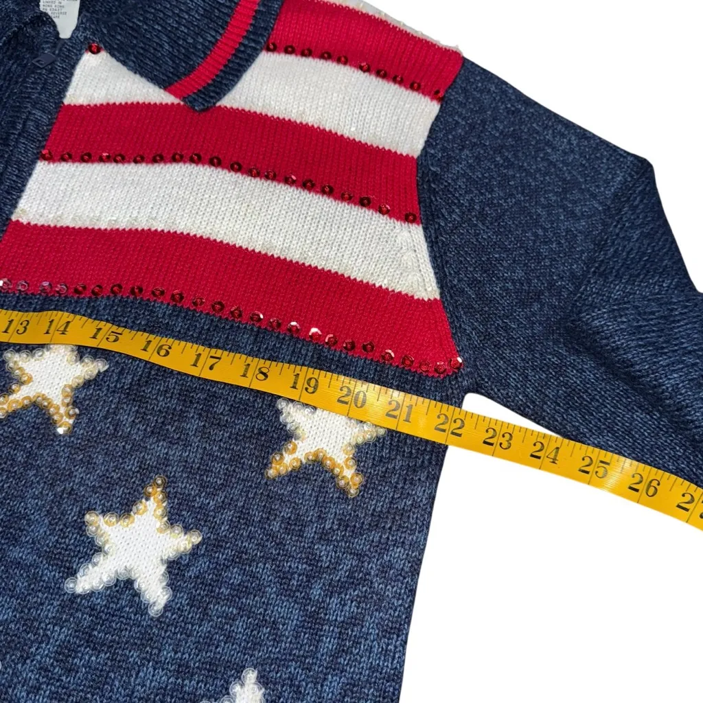 VTG Tiara American Flag Sweater M Zip Patriotic USA July 4th Sequin Knit 80s 90s Blue Size M - Image 6