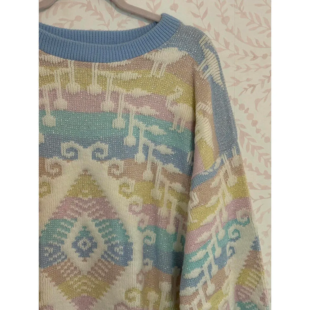 80's Vintage Pastel Geometric Lurex Rainbow Knit Sweater Blue Size XL - Image 4