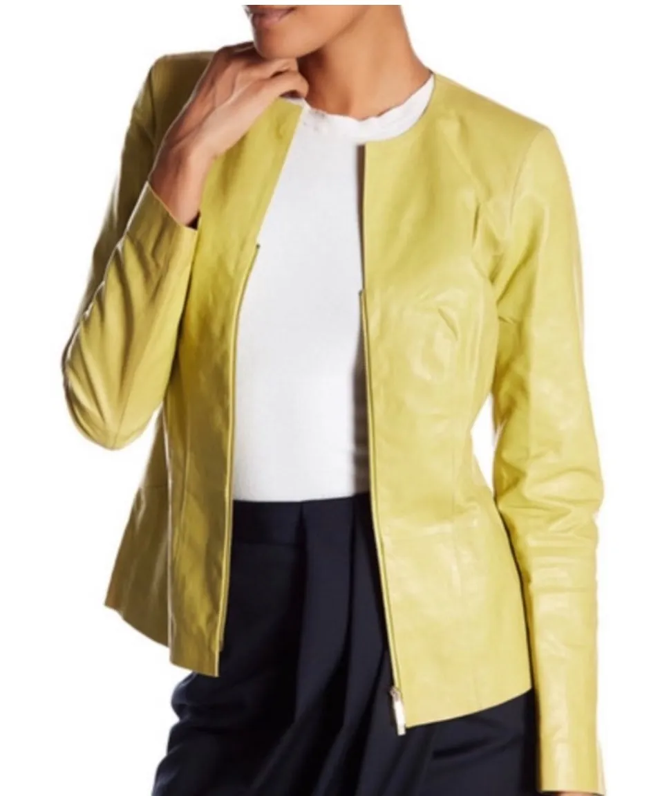 Lafayette 148 New York Maris Lambskin Jacket Sz 0 Yellow Fitted Zip Front READ - Image 1
