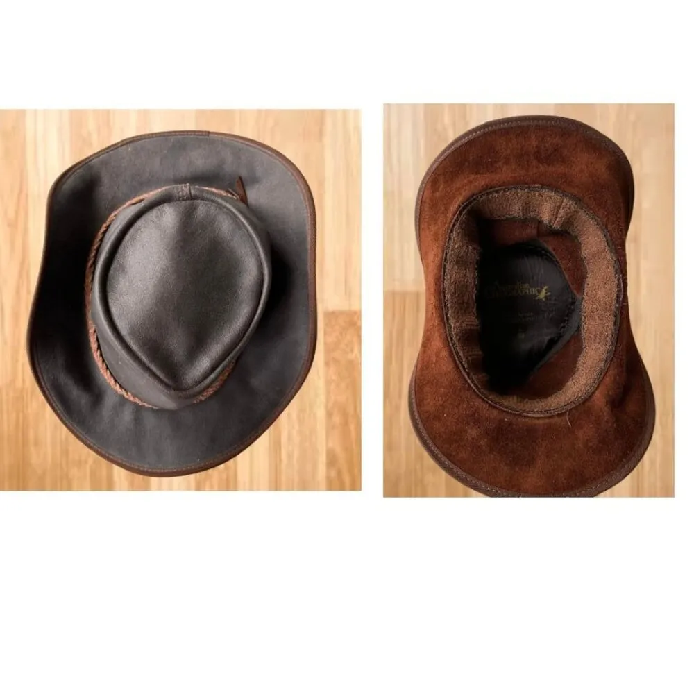 Vintage Australian Geographic Leather Hat Large 59 Brown Aussie Down Under - Image 3