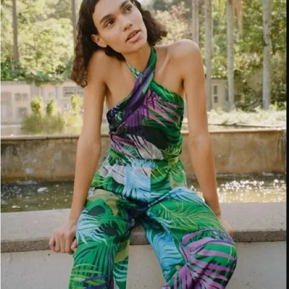 Zara Multicolor Tropical Jumpsuit Small Satin like look - Image 3