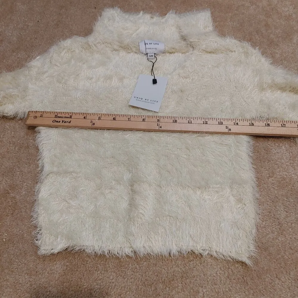 Uniq by Litz S/M Small/Medium Fuzzy Stretchy Long Sleeve Sweater Egg Nog Color - Image 8