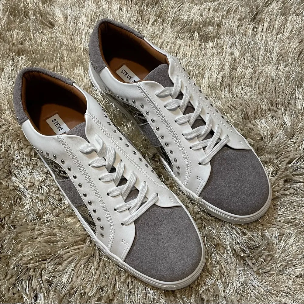 Steve Madden Annita Snake Print Studded Gray Suede Sneakers - Image 10