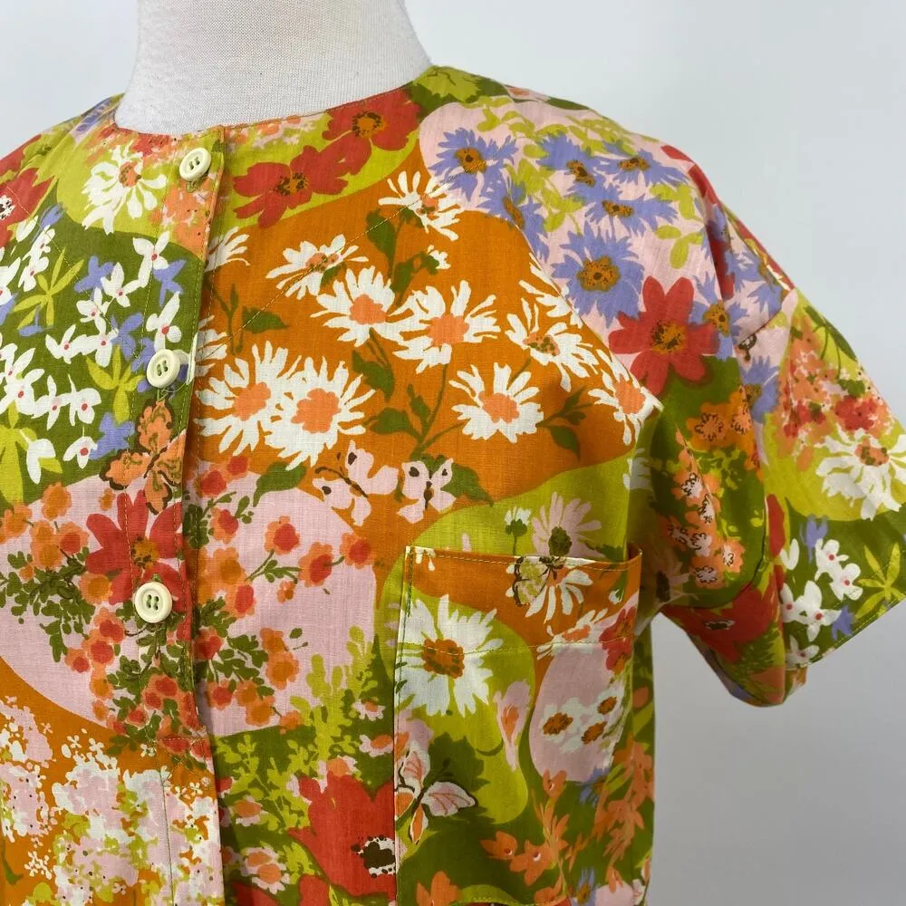 Vintage 60s Floral Butterfly Print Shirt Dress Midi High Neck Green Orange XL - Image 5