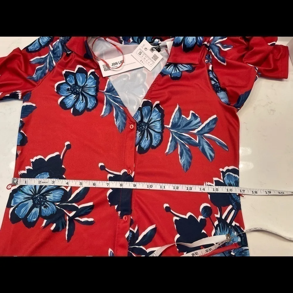 𝅺ZARA Womens Printed Midi Shirt Dress Red Blue Floral Long Sleeve Sz S - Image 10