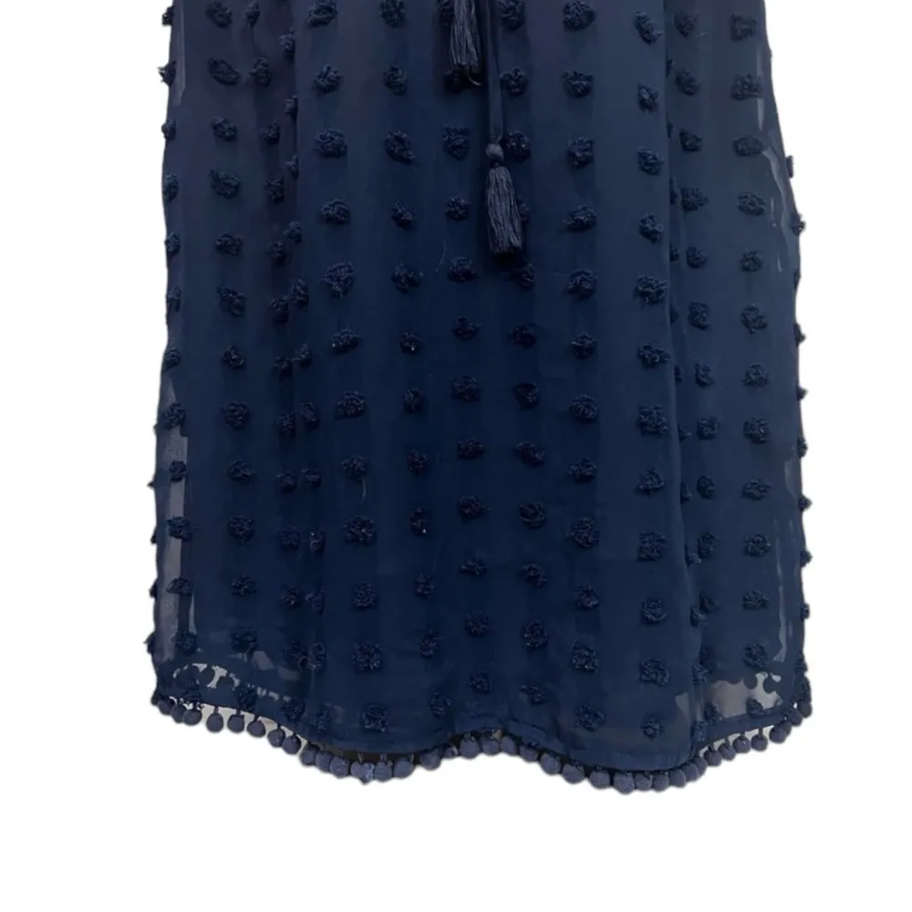 Umgee Swiss Dot Smocked Bodice Dress Size S Pom Pom Blue - Image 5