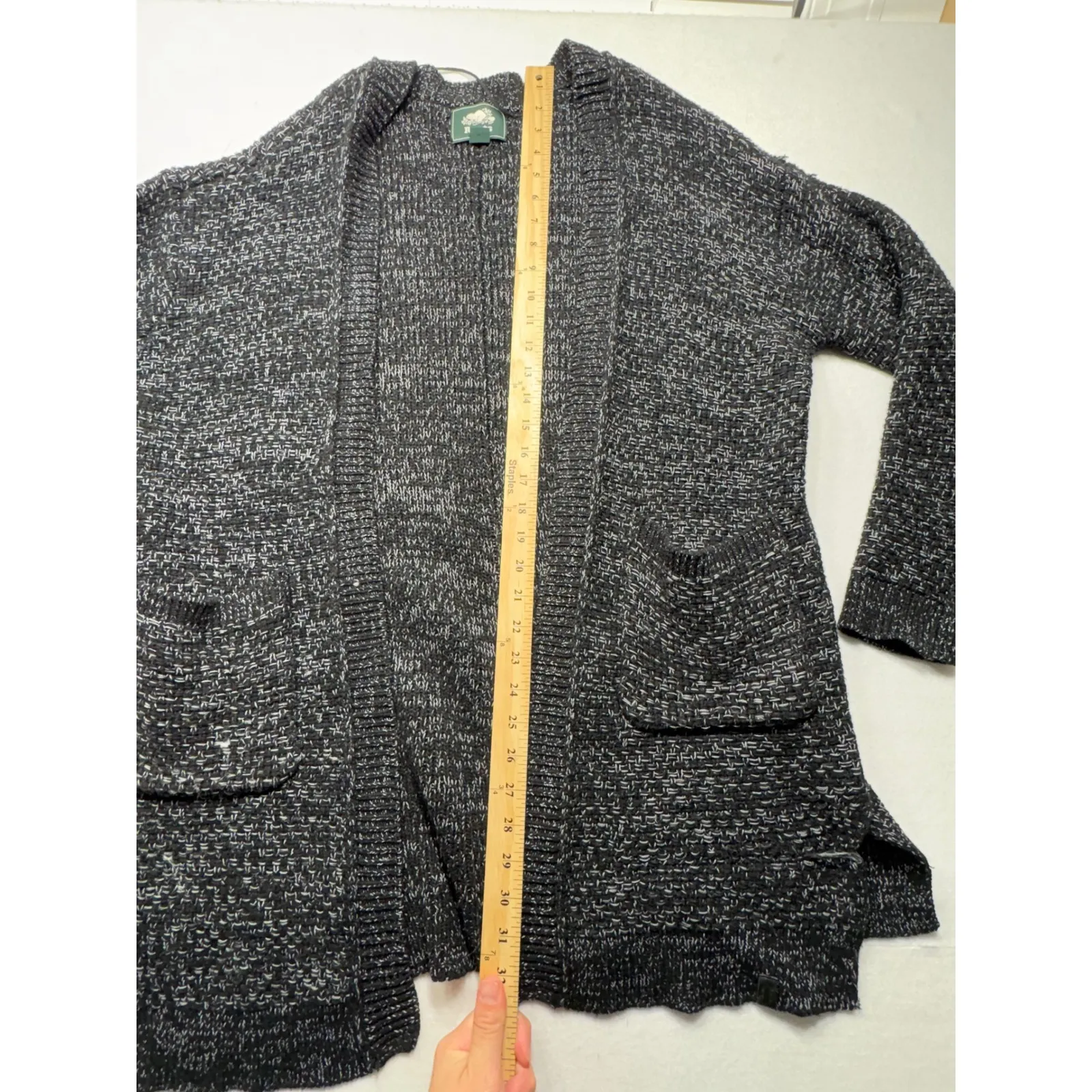 Roots Black Marled Knit Open Front Cardigan Sweater Pockets Size S - Image 3