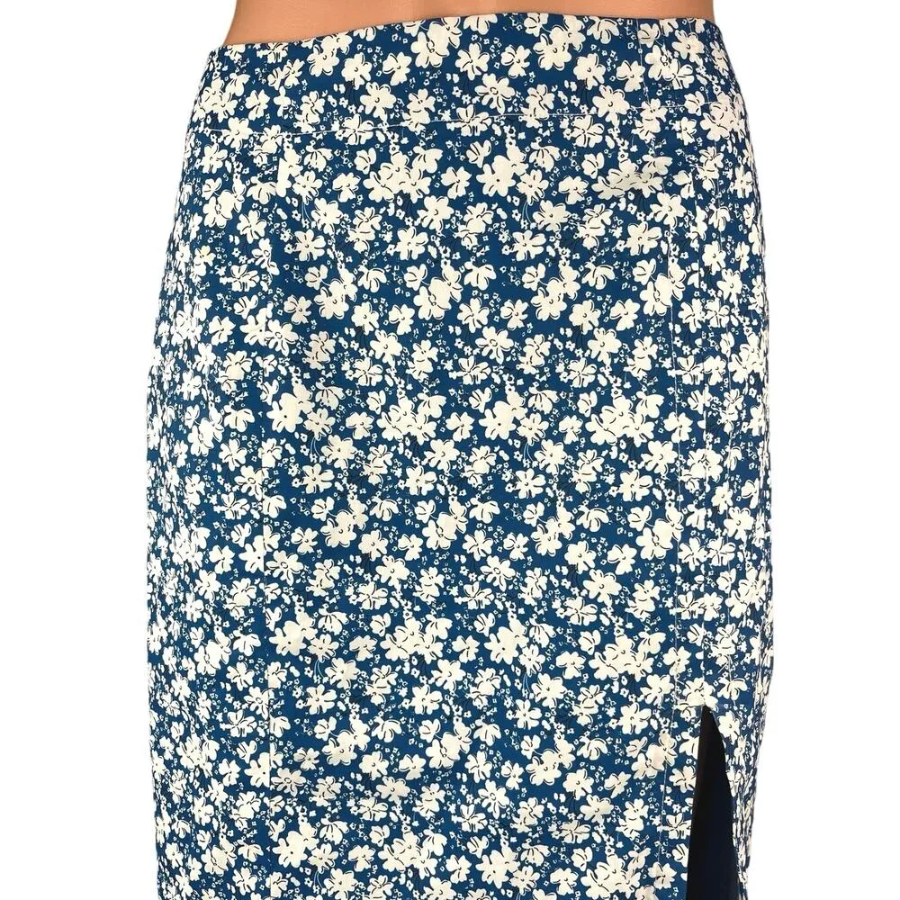 Commense Blue Floral Tropical Hawaiian High Waist Slit Pencil Midi Skirts Sz S - Image 4